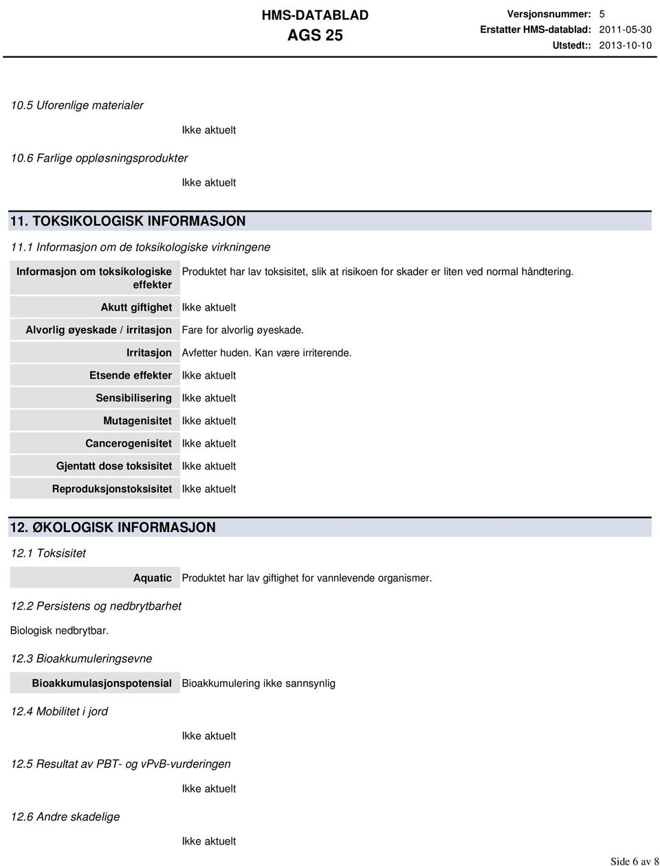 Cancerogenisitet Gjentatt dose toksisitet Reproduksjonstoksisitet Produktet har lav toksisitet, slik at risikoen for skader er liten ved normal håndtering. Fare for alvorlig øyeskade. Avfetter huden.