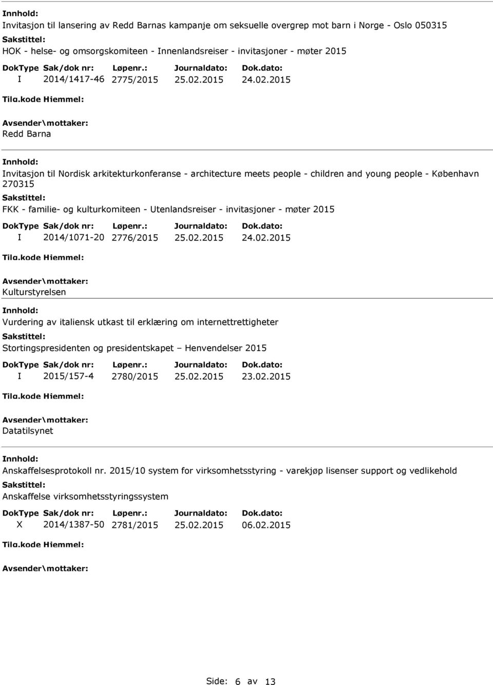 invitasjoner - møter 2015 2014/1071-20 2776/2015 Kulturstyrelsen Vurdering av italiensk utkast til erklæring om internettrettigheter Stortingspresidenten og presidentskapet Henvendelser 2015