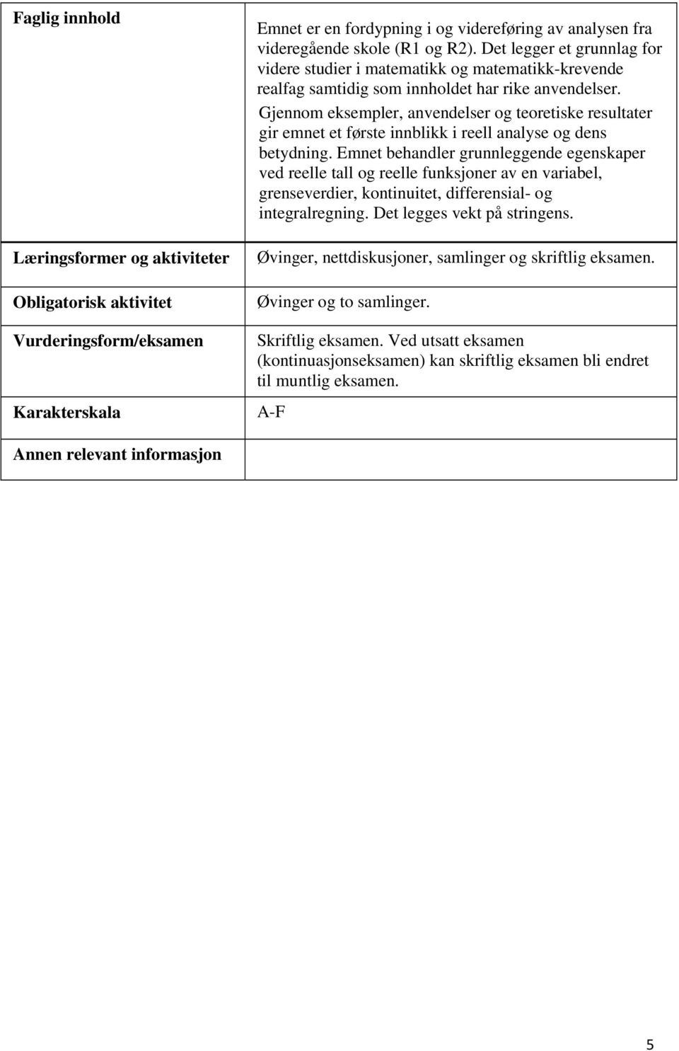 Gjennom eksempler, anvendelser og teoretiske resultater gir emnet et første innblikk i reell analyse og dens betydning.