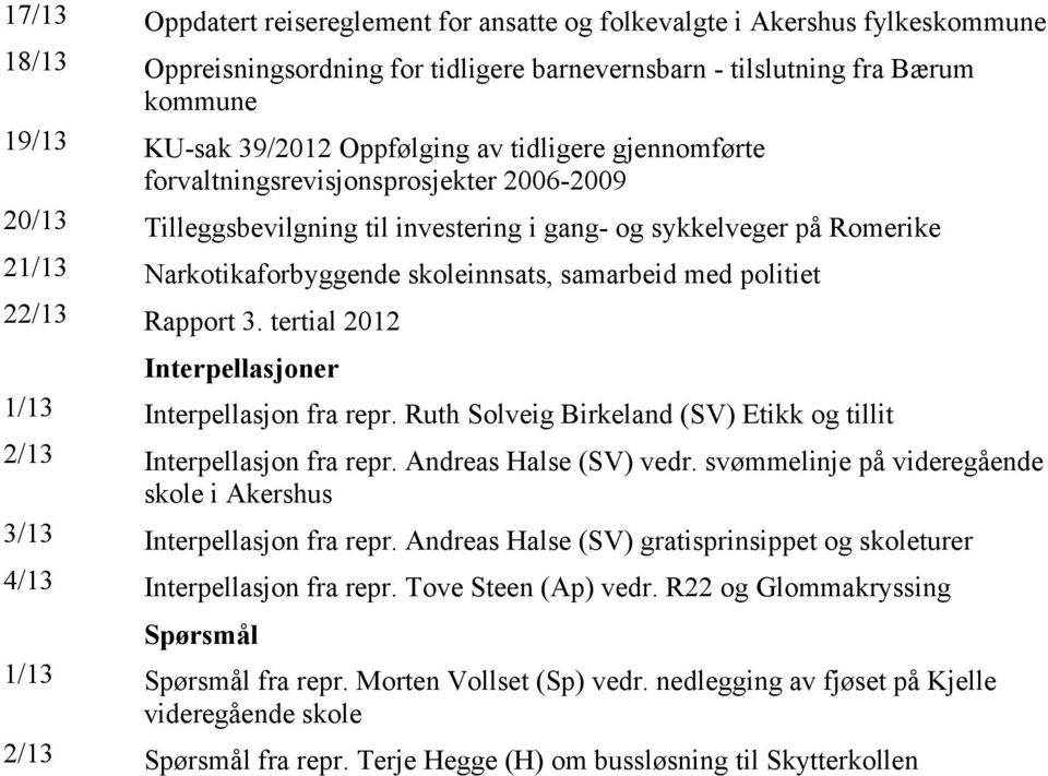 samarbeid med politiet 22/13 Rapport 3. tertial 2012 Interpellasjoner 1/13 Interpellasjon fra repr. Ruth Solveig Birkeland (SV) Etikk og tillit 2/13 Interpellasjon fra repr. Andreas Halse (SV) vedr.