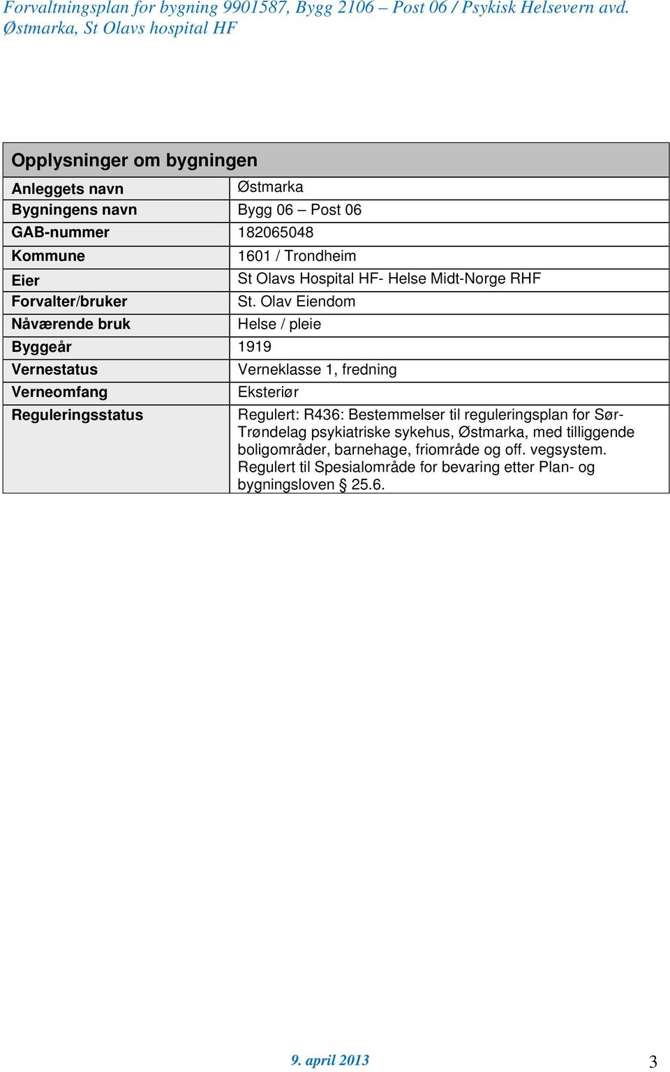 Olav Eiendom Nåværende bruk Helse / pleie Byggeår 1919 Vernestatus Verneklasse 1, fredning Verneomfang Eksteriør Reguleringsstatus Regulert: R436: