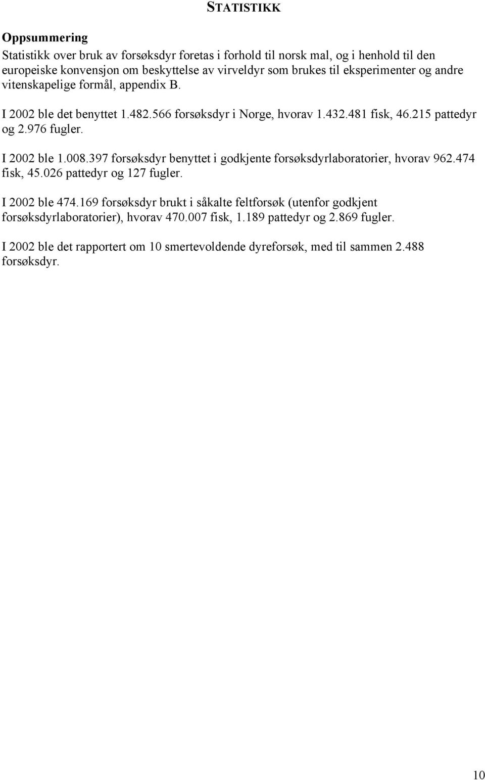 008.397 forsøksdyr benyttet i godkjente forsøksdyrlaboratorier, hvorav 962.474 fisk, 45.026 pattedyr og 127 fugler. I 2002 ble 474.