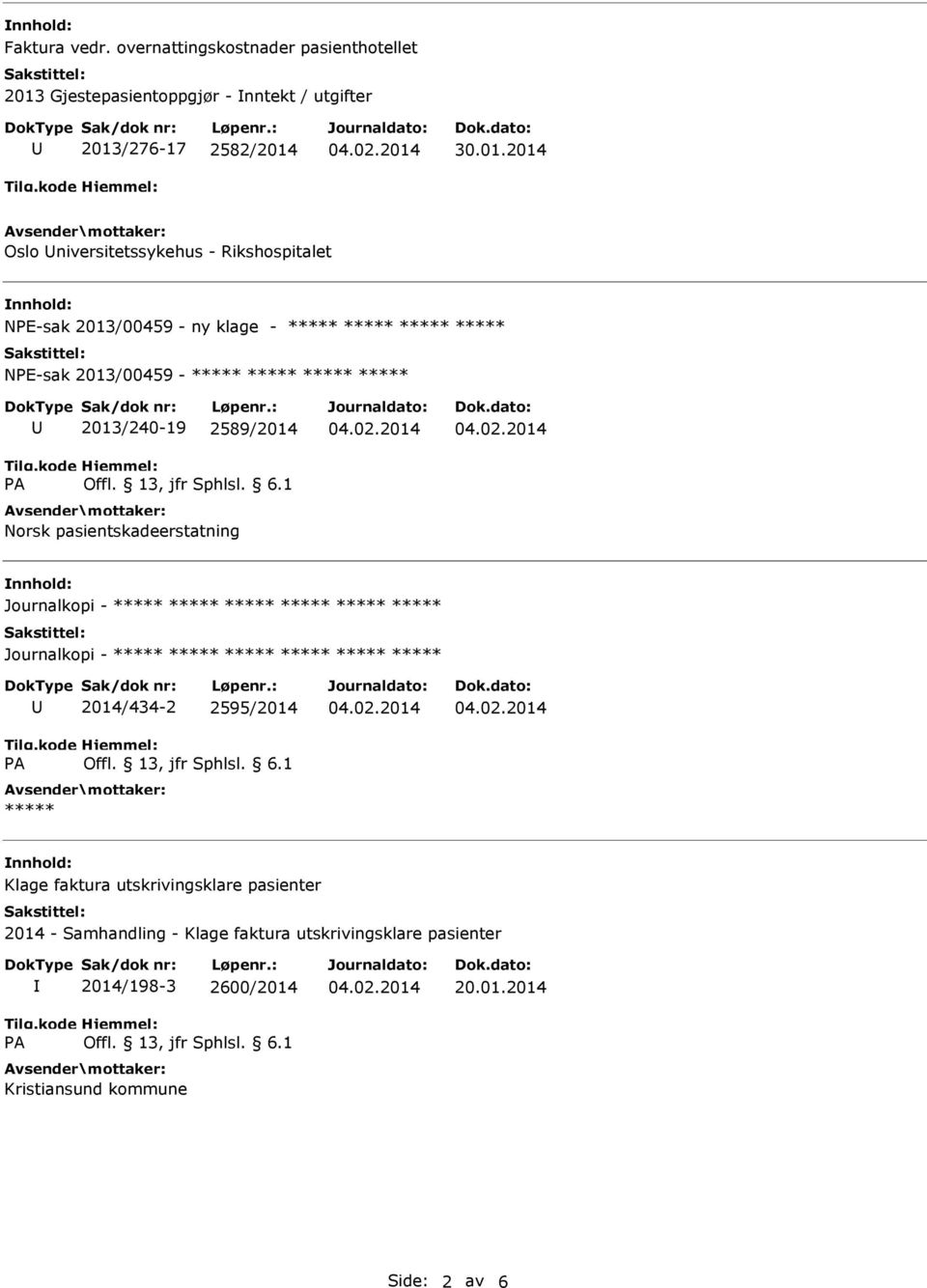 Norsk pasientskadeerstatning Journalkopi - Journalkopi - 2014/434-2 2595/2014 Klage faktura utskrivingsklare pasienter
