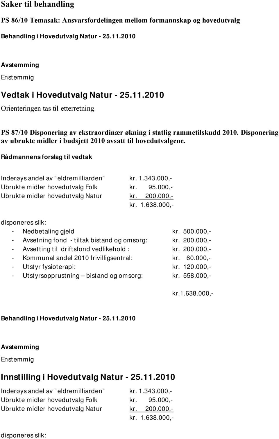 Rådmannens forslag til vedtak Inderøys andel av eldremilliarden kr. 1.343.000,- Ubrukte midler hovedutvalg Folk kr. 95.000,- Ubrukte midler hovedutvalg Natur kr. 200.000,- kr. 1.638.