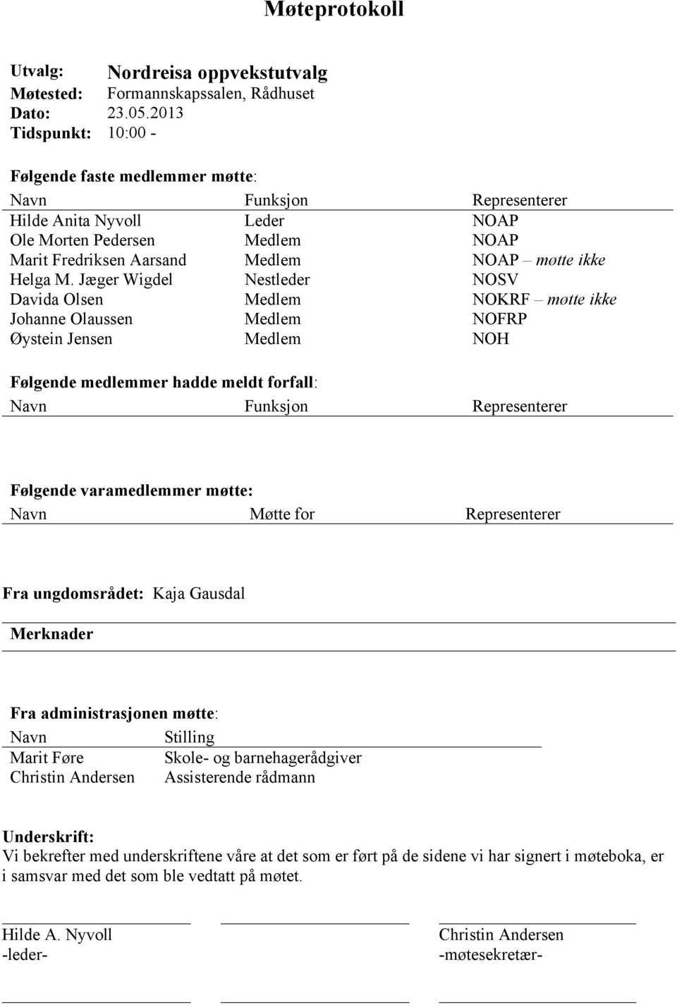 M. Jæger Wigdel Nestleder NOSV Davida Olsen Medlem NOKRF møtte ikke Johanne Olaussen Medlem NOFRP Øystein Jensen Medlem NOH Følgende medlemmer hadde meldt forfall: Navn Funksjon Representerer