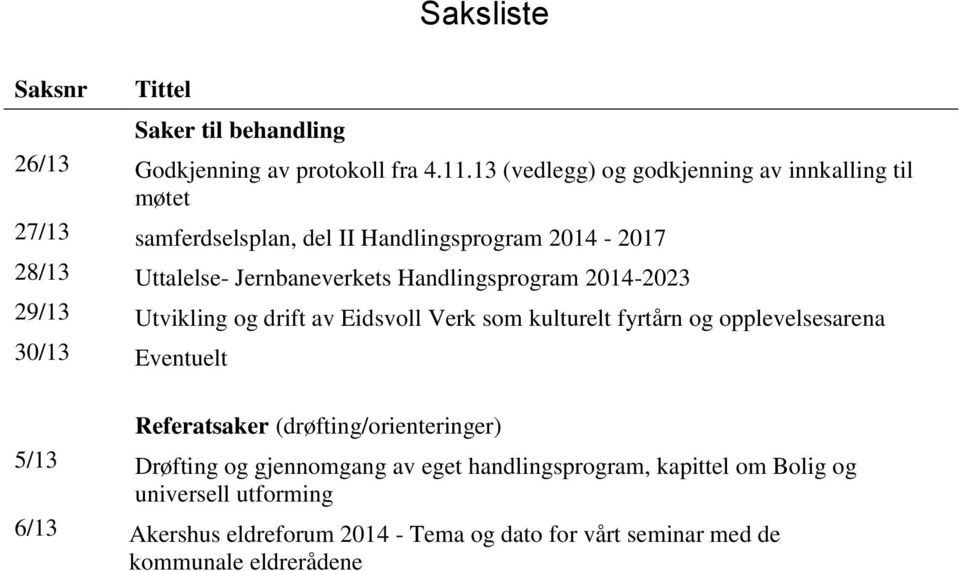 Handlingsprogram 2014-2023 29/13 Utvikling og drift av Eidsvoll Verk som kulturelt fyrtårn og opplevelsesarena 30/13 Eventuelt Referatsaker