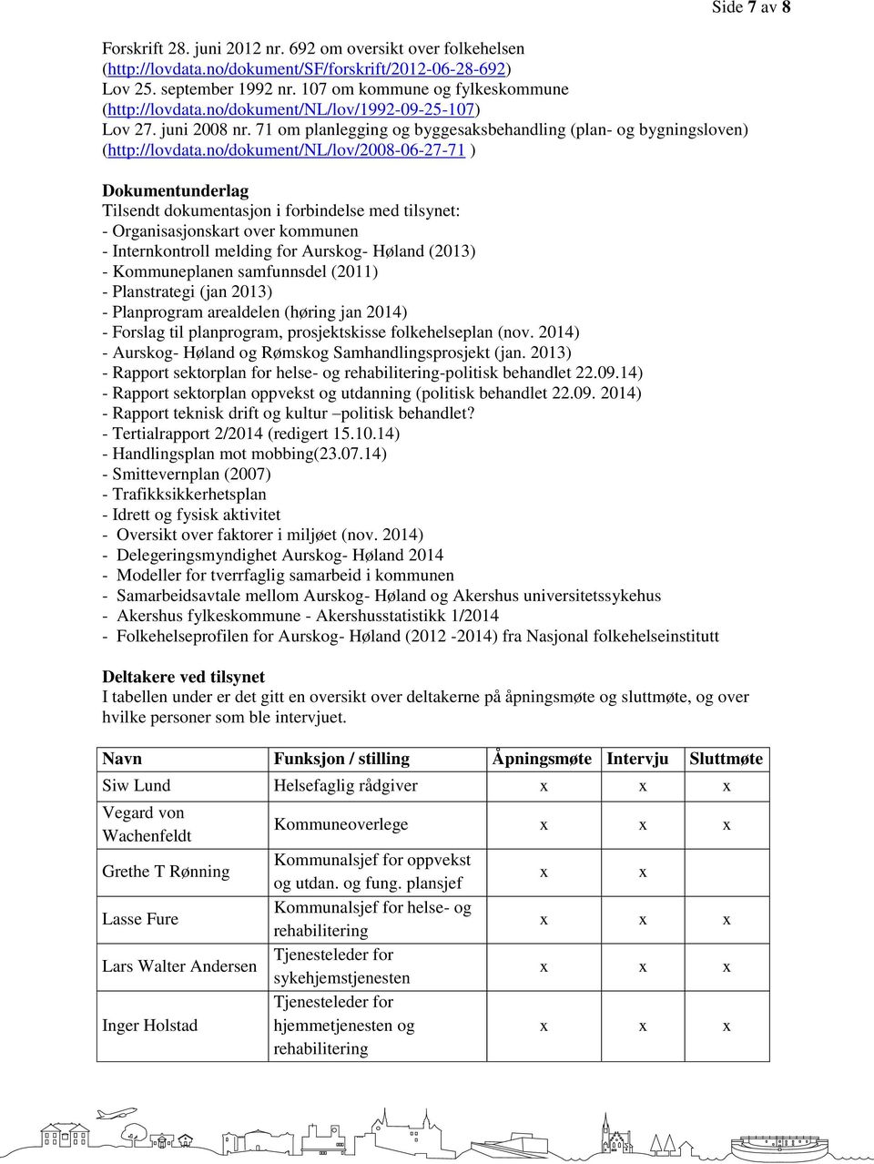 no/dokument/nl/lov/2008-06-27-71 ) Dokumentunderlag Tilsendt dokumentasjon i forbindelse med tilsynet: - Organisasjonskart over kommunen - Internkontroll melding for Aurskog- Høland (2013) -