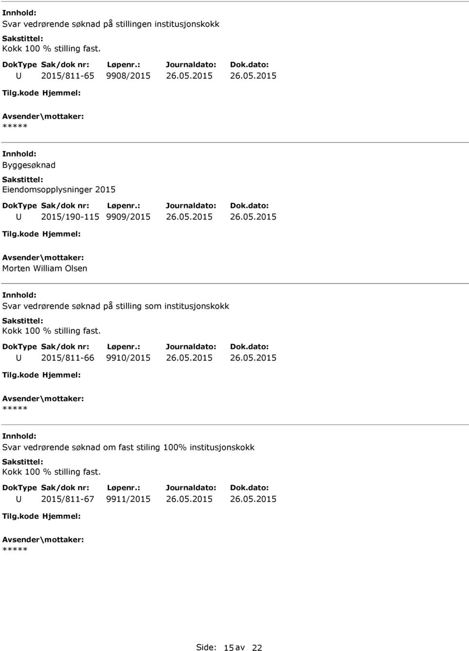 Svar vedrørende søknad på stilling som institusjonskokk 2015/811-66 9910/2015 Svar