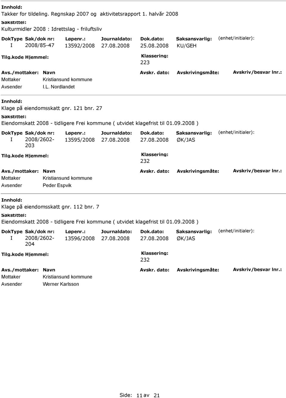 27 iendomskatt 2008 - tidligere Frei kommune ( utvidet klagefrist til 01.09.2008 ) Sak/dok nr: 2008/2602-203 Løpenr.