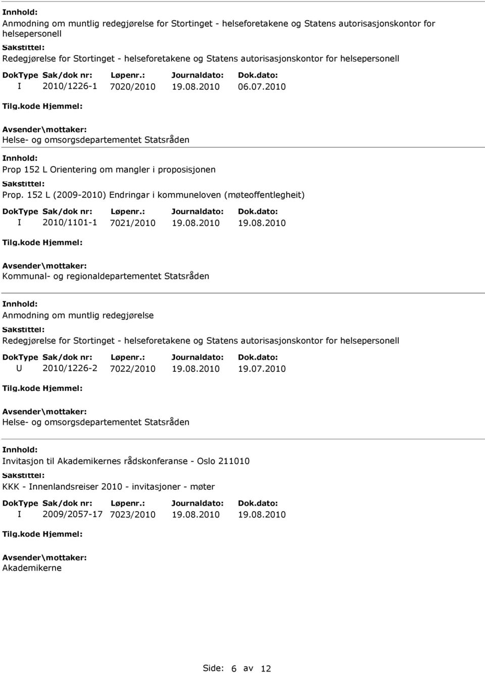 152 L (2009-2010) Endringar i kommuneloven (møteoffentlegheit) 2010/1101-1 7021/2010 Kommunal- og regionaldepartementet Statsråden nnhold: Anmodning om muntlig redegjørelse Redegjørelse for