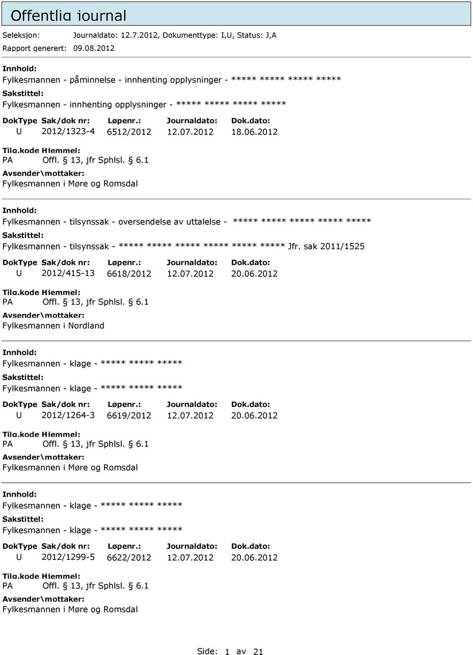 Romsdal 18.06.2012 Fylkesmannen - tilsynssak - oversendelse av uttalelse - ***** ***** ***** ***** ***** Fylkesmannen - tilsynssak - ***** ***** ***** ***** ***** ***** Jfr.