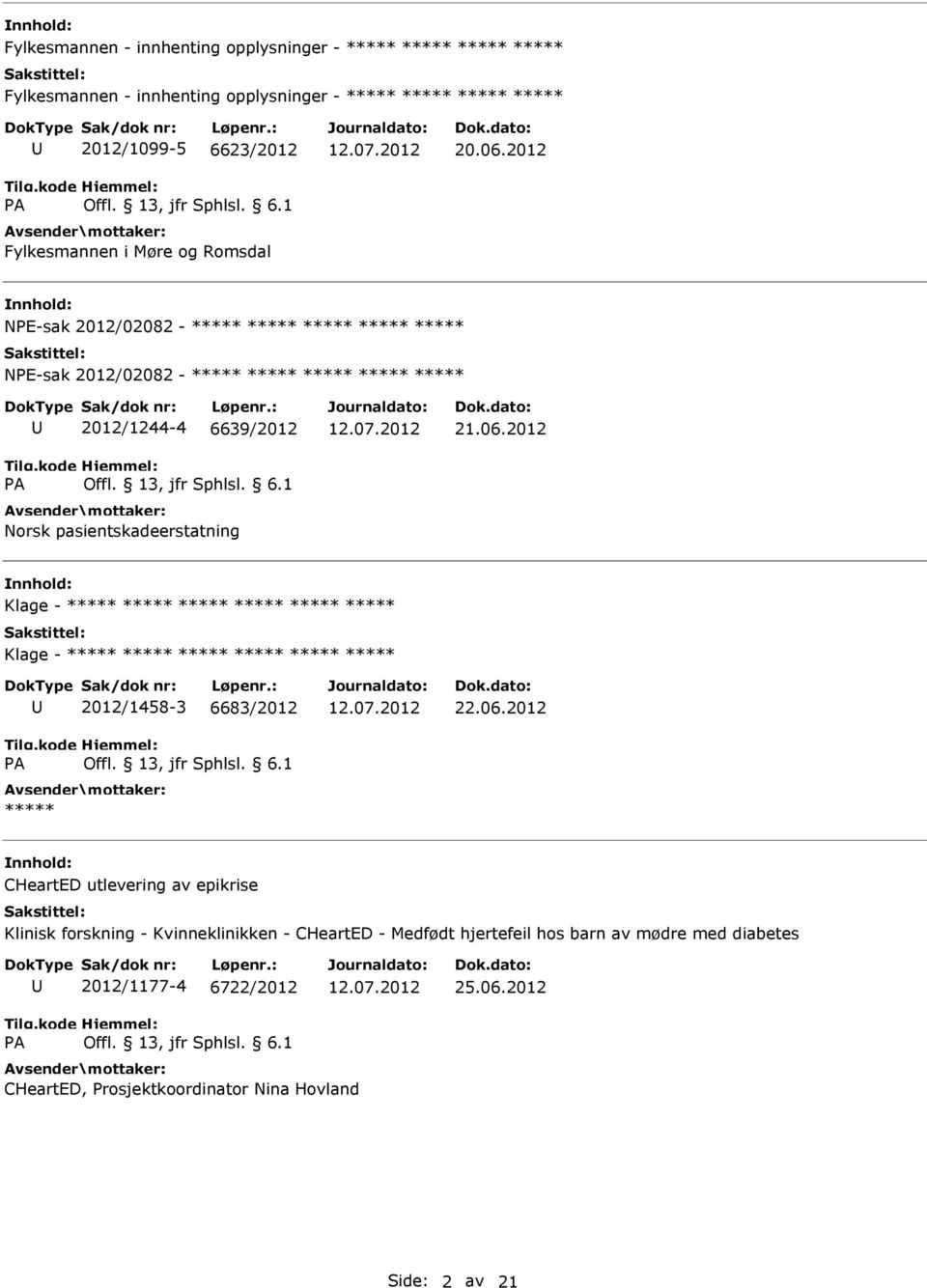 06.2012 CHeartED utlevering av epikrise Klinisk forskning - Kvinneklinikken - CHeartED - Medfødt hjertefeil hos barn av mødre med diabetes 2012/1177-4 6722/2012 25.06.2012 CHeartED, Prosjektkoordinator Nina Hovland Side: 2 av 21