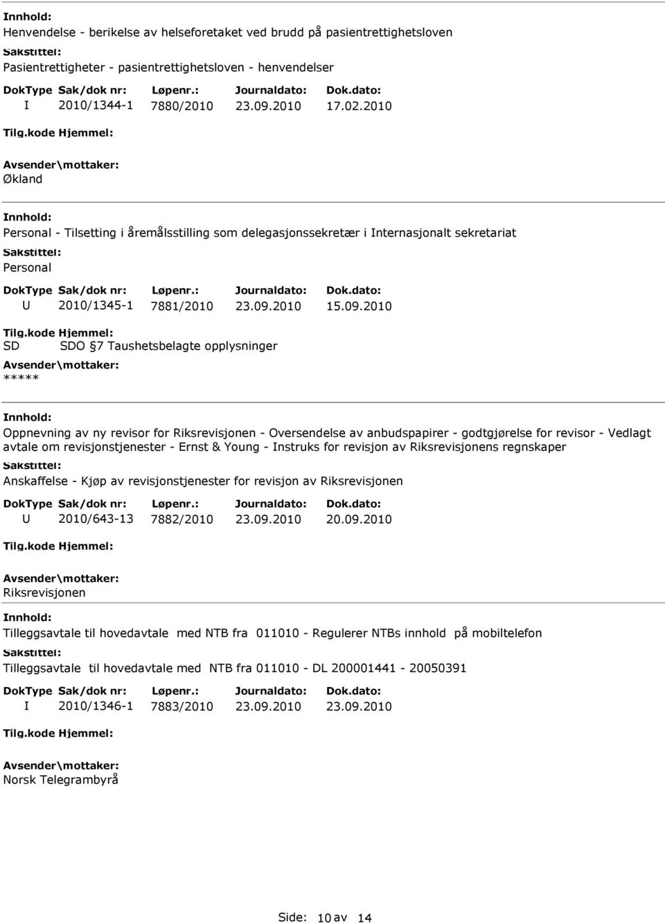 2010 O 7 Taushetsbelagte opplysninger Oppnevning av ny revisor for Riksrevisjonen - Oversendelse av anbudspapirer - godtgjørelse for revisor - Vedlagt avtale om revisjonstjenester - Ernst & Young -