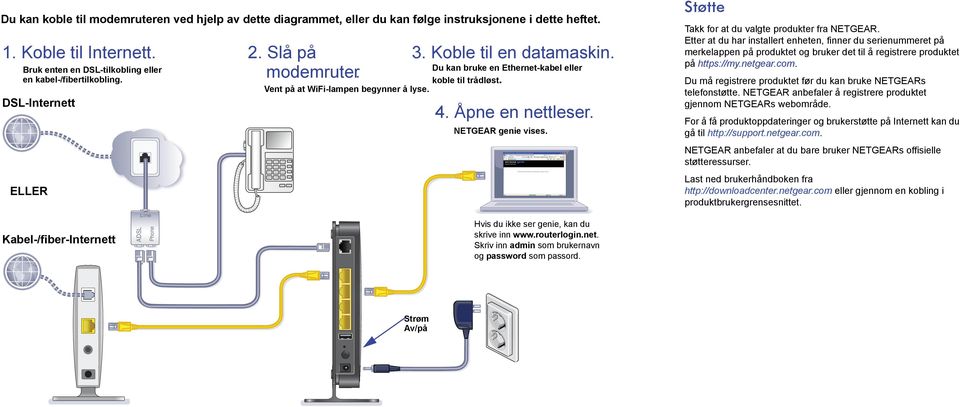 Du kan bruke en Ethernet-kabel eller koble til trådløst. 4. Åpne en nettleser. NETGEAR genie vises. Hvis du ikke ser genie, kan du skrive inn www.routerlogin.net. Skriv inn admin som brukernavn og password som passord.
