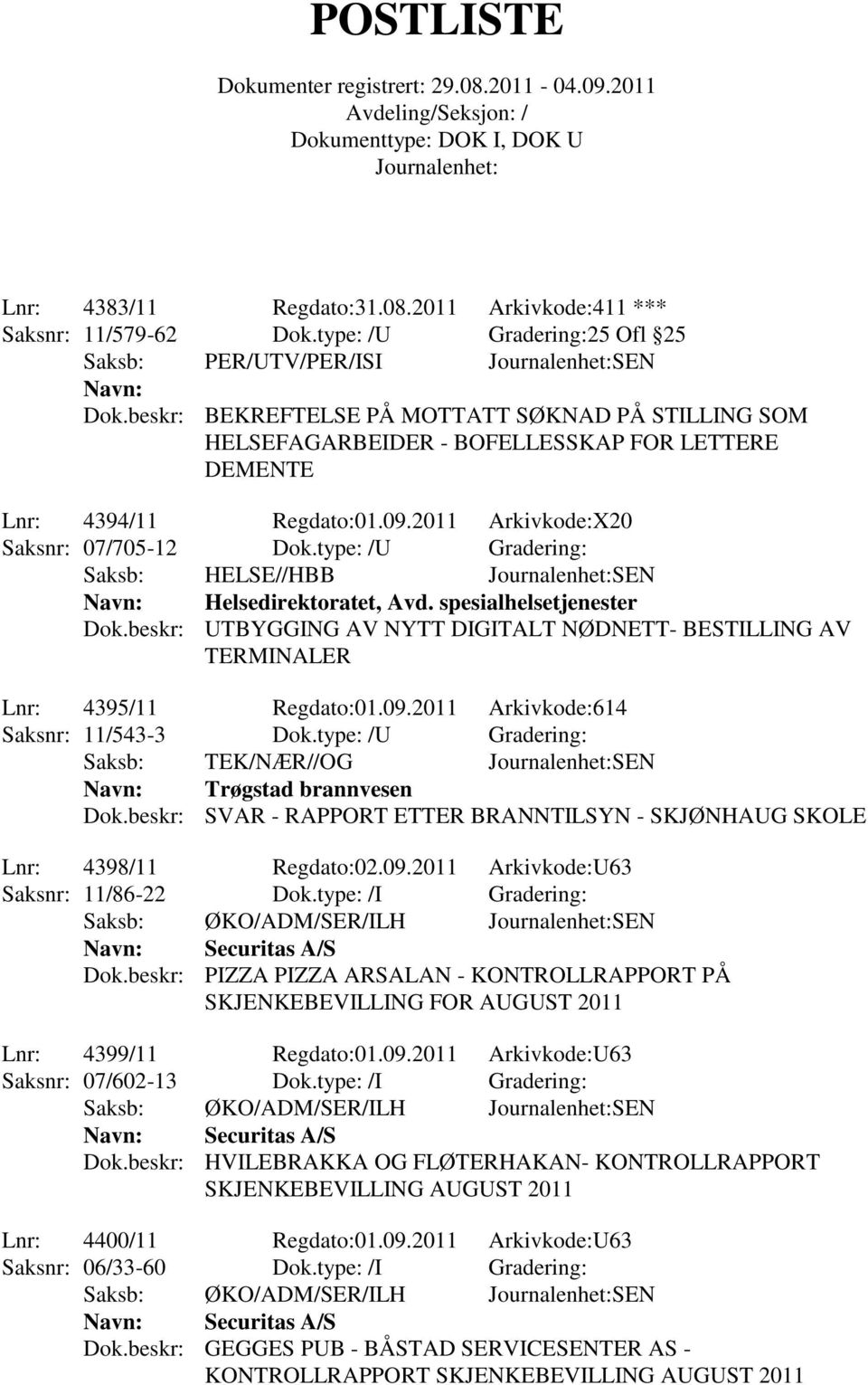 type: /U Gradering: Saksb: HELSE//HBB SEN Helsedirektoratet, Avd. spesialhelsetjenester Dok.beskr: UTBYGGING AV NYTT DIGITALT NØDNETT- BESTILLING AV TERMINALER Lnr: 4395/11 Regdato:01.09.