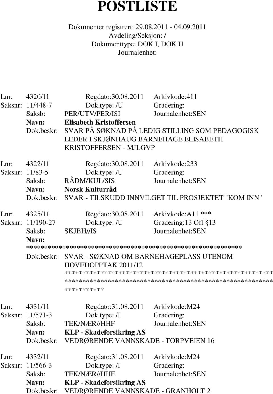 type: /U Gradering: Saksb: RÅDM/KUL/SIS SEN Norsk Kulturråd Dok.beskr: SVAR - TILSKUDD INNVILGET TIL PROSJEKTET "KOM INN" Lnr: 4325/11 Regdato:30.08.2011 Arkivkode:A11 *** Saksnr: 11/190-27 Dok.