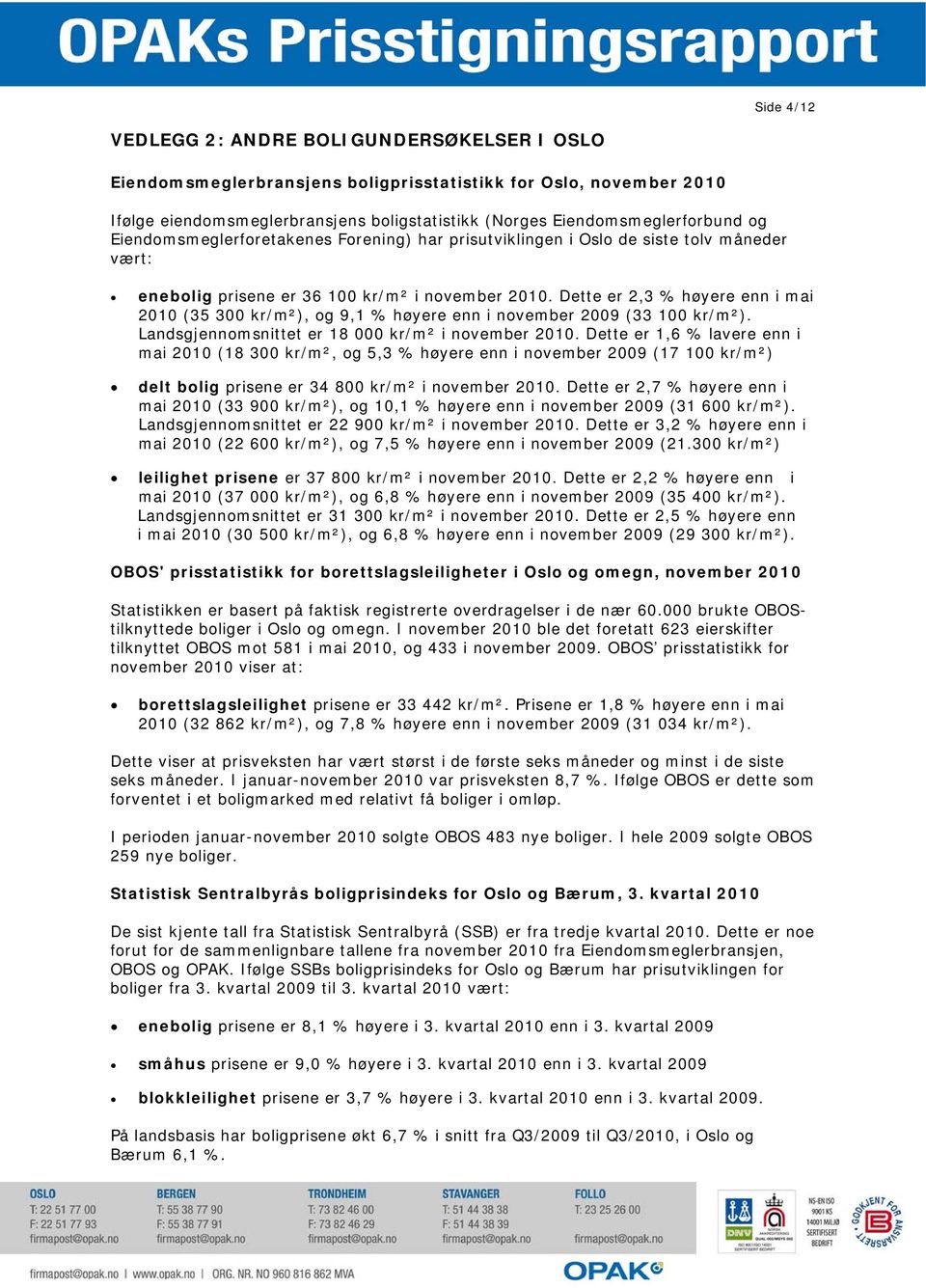 Dette er 2,3 % høyere enn i mai 2010 (35 300 kr/m²), og 9,1 % høyere enn i november 2009 (33 100 kr/m²). Landsgjennomsnittet er 18 000 kr/m² i november 2010.