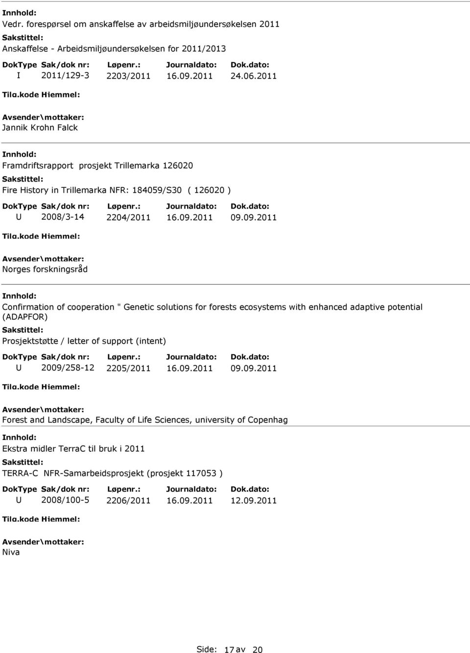 09.2011 Norges forskningsråd Confirmation of cooperation " Genetic solutions for forests ecosystems with enhanced adaptive potential (ADAPFOR) Prosjektstøtte / letter of support