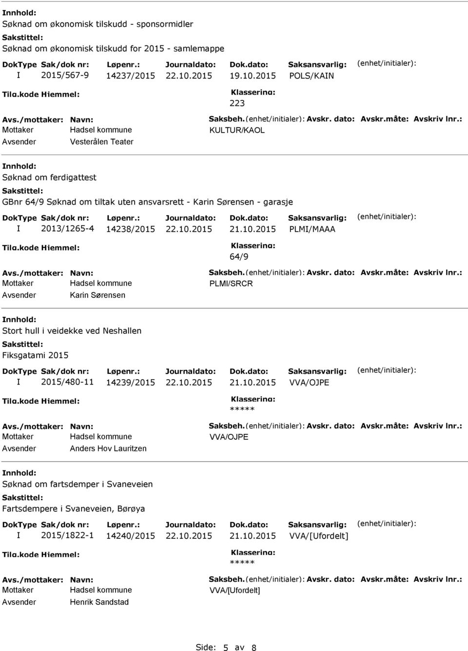 /mottaker: Navn: Saksbeh. Avskr. dato: Avskr.måte: Avskriv lnr.: LM/SRCR Avsender Karin Sørensen nnhold: Stort hull i veidekke ved Neshallen Fiksgatami 2015 2015/480-11 14239/2015 VVA/OJE Avs.