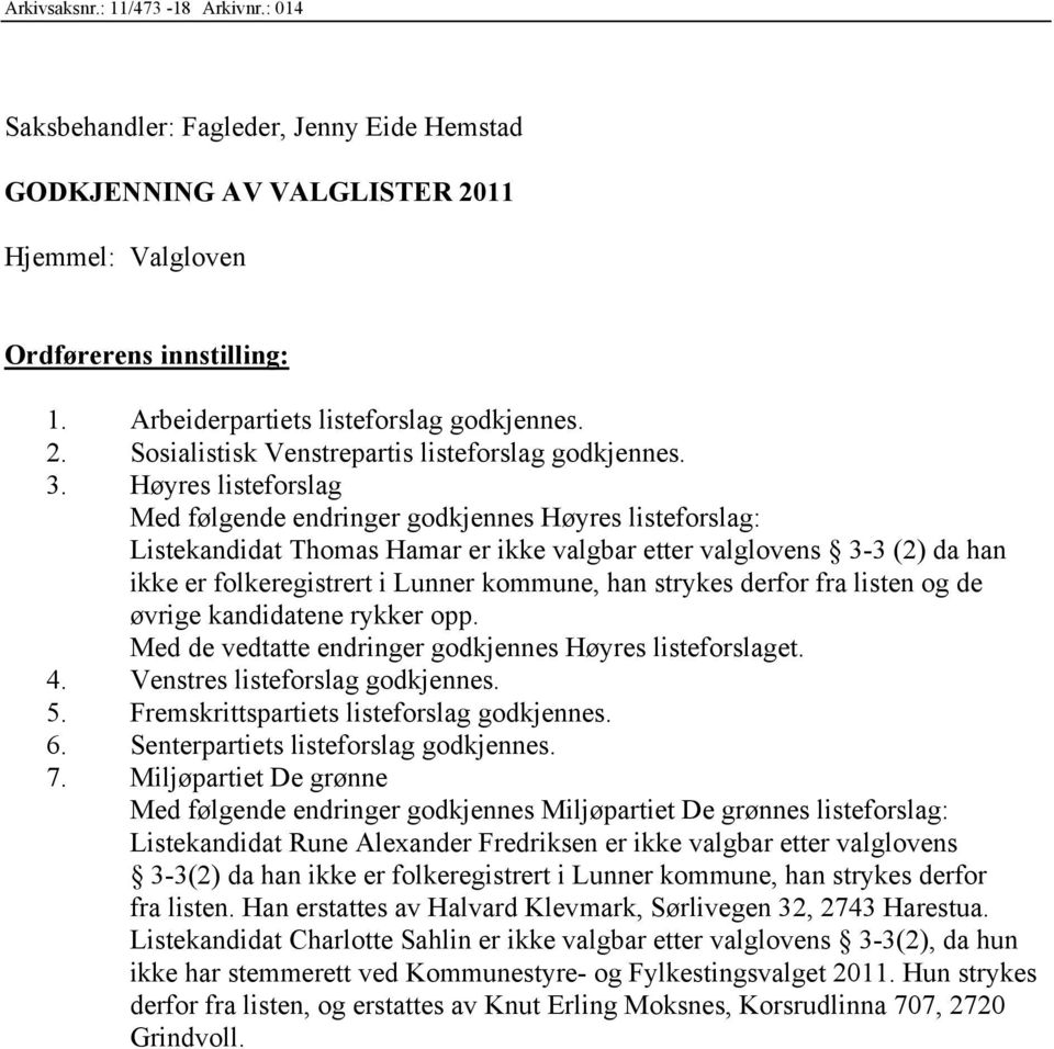 Høyres listeforslag Med følgende endringer godkjennes Høyres listeforslag: Listekandidat Thomas Hamar er ikke valgbar etter valglovens 3-3 (2) da han ikke er folkeregistrert i Lunner kommune, han