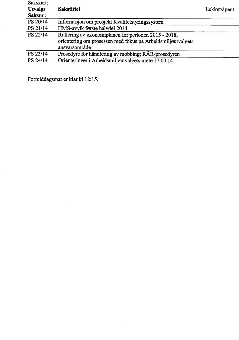 om prosessen med fokus på Arbeidsmiljøutvalgets ansvarsområde PS 23/14 Prosedyre for håndtering av mobbing;