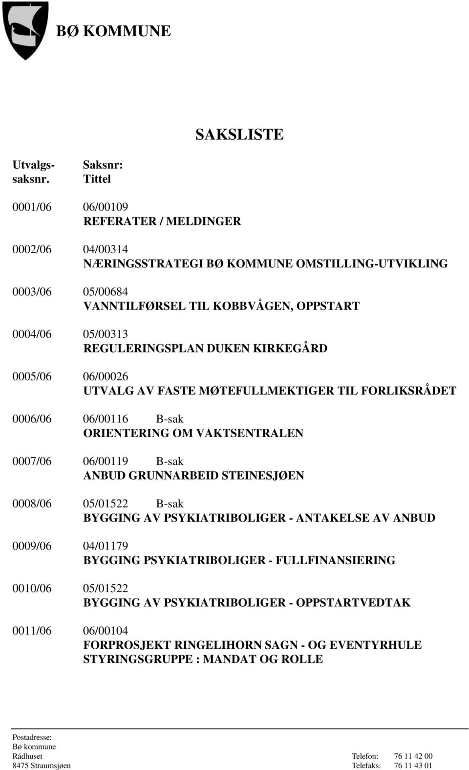 0004/06 05/00313 REGULERINGSPLAN DUKEN KIRKEGÅRD 0005/06 06/00026 UTVALG AV FASTE MØTEFULLMEKTIGER TIL FORLIKSRÅDET 0006/06 06/00116 B-sak ORIENTERING OM VAKTSENTRALEN 0007/06