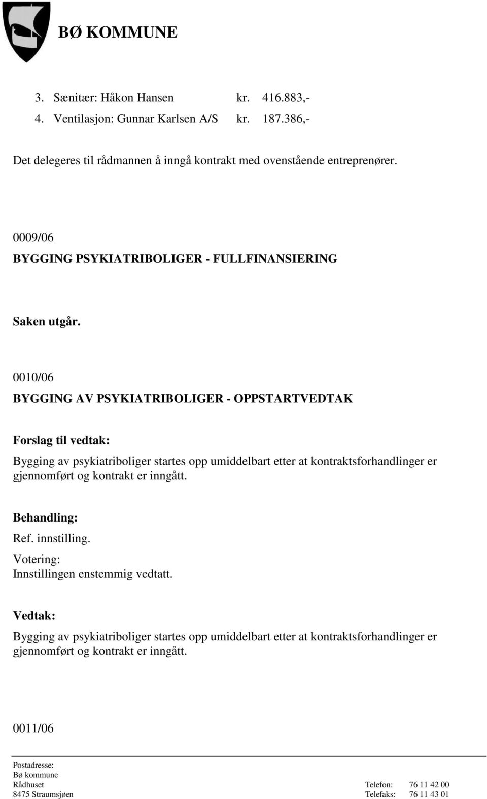 0009/06 BYGGING PSYKIATRIBOLIGER - FULLFINANSIERING Saken utgår.