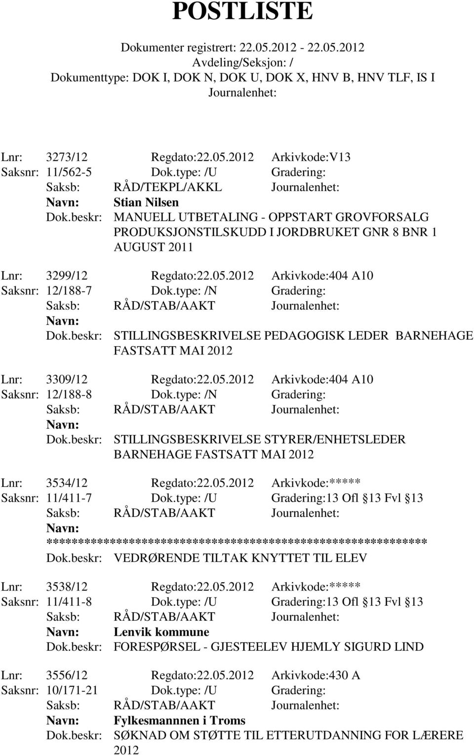 type: /N Gradering: Dok.beskr: STILLINGSBESKRIVELSE PEDAGOGISK LEDER BARNEHAGE FASTSATT MAI 2012 Lnr: 3309/12 Regdato:22.05.2012 Arkivkode:404 A10 Saksnr: 12/188-8 Dok.type: /N Gradering: Dok.beskr: STILLINGSBESKRIVELSE STYRER/ENHETSLEDER BARNEHAGE FASTSATT MAI 2012 Lnr: 3534/12 Regdato:22.