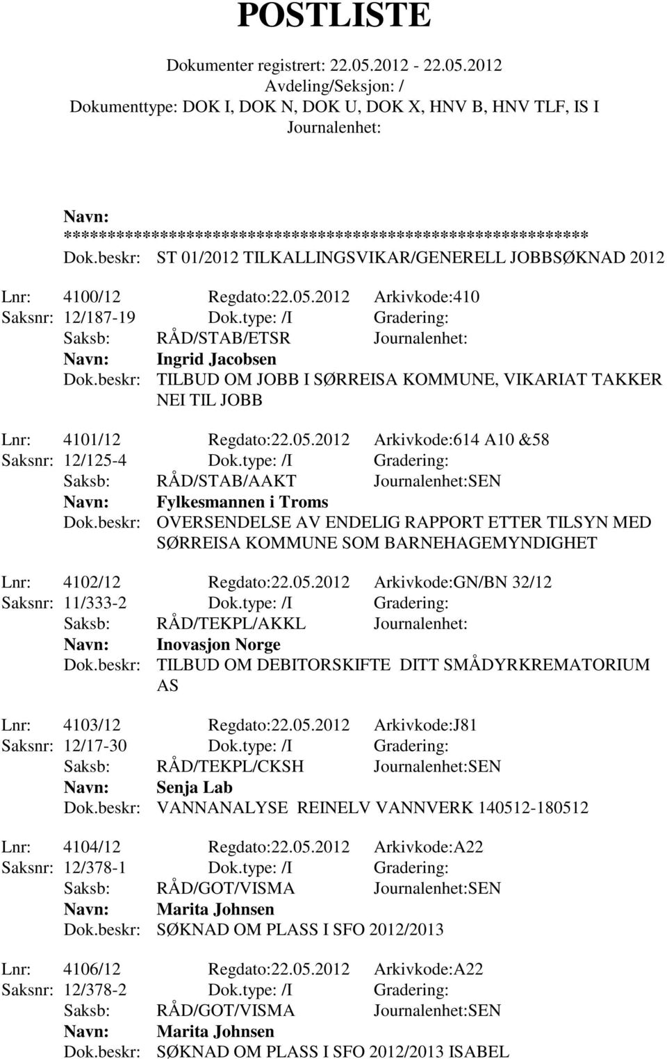 beskr: OVERSENDELSE AV ENDELIG RAPPORT ETTER TILSYN MED SØRREISA KOMMUNE SOM BARNEHAGEMYNDIGHET Lnr: 4102/12 Regdato:22.05.2012 Arkivkode:GN/BN 32/12 Saksnr: 11/333-2 Dok.