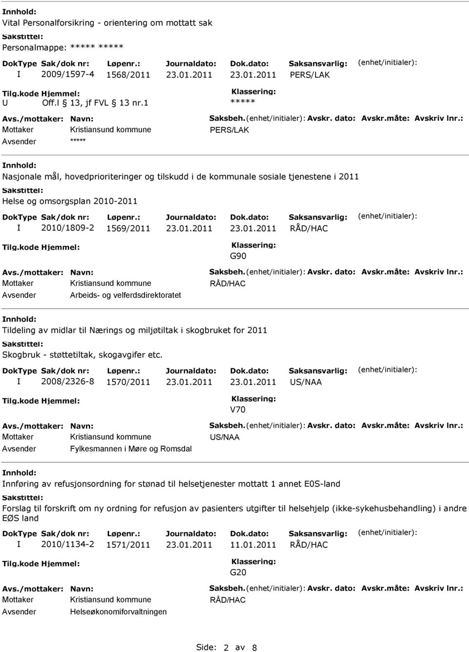 : PERS/LAK Avsender ***** Nasjonale mål, hovedprioriteringer og tilskudd i de kommunale sosiale tjenestene i 2011 Helse og omsorgsplan 2010-2011 2010/1809-2 1569/2011 RÅD/HAC G90 Avs.