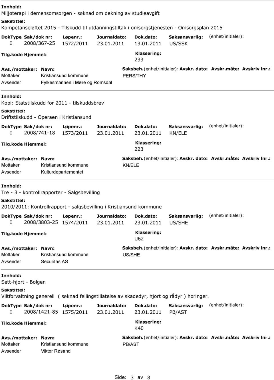 : PERS/THY Avsender Fylkesmannen i Møre og Romsdal Kopi: Statstilskudd for 2011 - tilskuddsbrev Driftstilskudd - Operaen i Kristiansund 2008/741-18 1573/2011 KN/ELE 223 Avs.