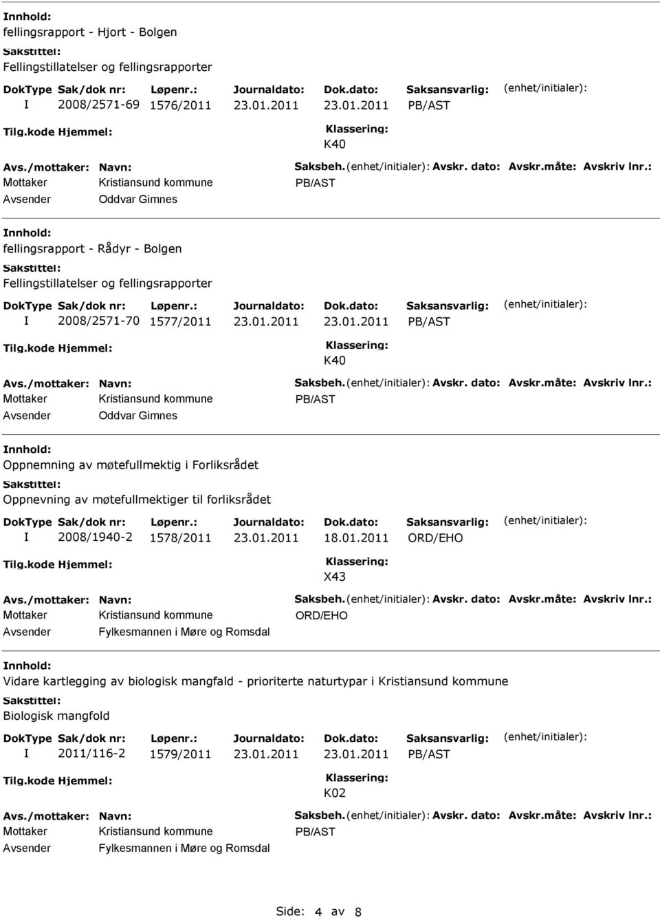 : Avsender Oddvar Gimnes Oppnemning av møtefullmektig i Forliksrådet Oppnevning av møtefullmektiger til forliksrådet 2008/1940-2 1578/2011 18.01.2011 43 Avs./mottaker: Navn: Saksbeh. Avskr.