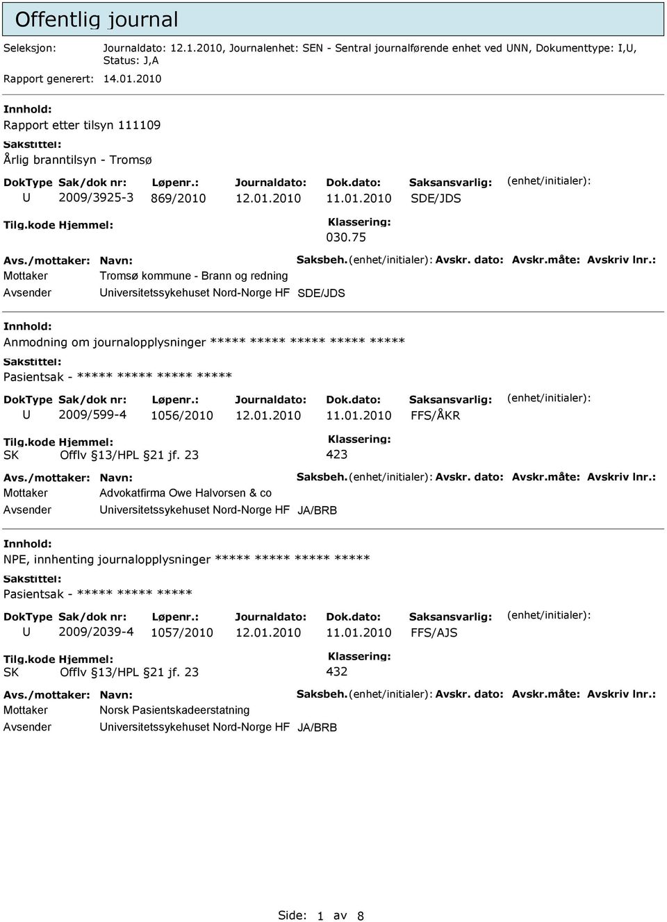 2009/599-4 1056/2010 Mottaker Advokatfirma Owe Halvorsen & co Avsender Universitetssykehuset Nord-Norge HF JA/BRB nnhold: NPE, innhenting journalopplysninger ***** ***** ***** ***** U