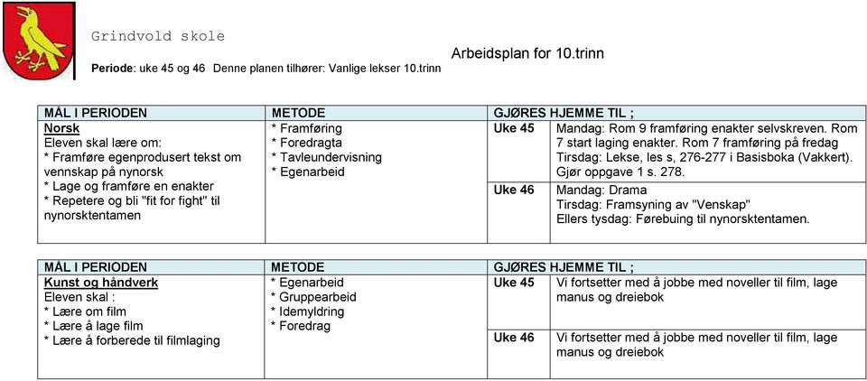 Gjør oppgave 1 s. 278. Mandag: Drama Tirsdag: Framsyning av "Venskap" Ellers tysdag: Førebuing til nynorsktentamen.