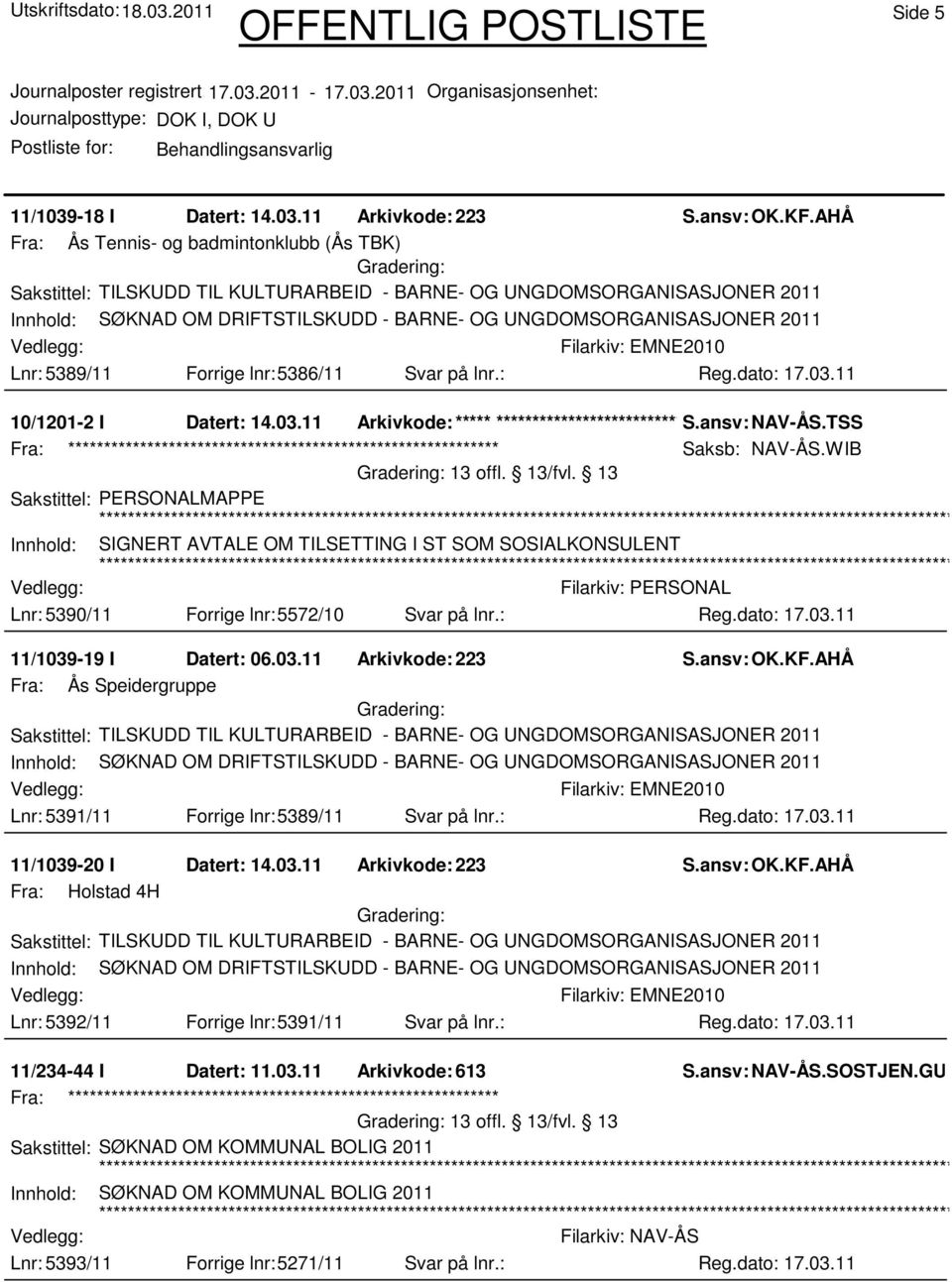 -19 I Datert: 06.03.11 Arkivkode:223 Fra: Ås Speidergruppe Lnr: 5391/11 Forrige lnr:5389/11 Svar på lnr.: 11/1039-20 I Datert: 14.03.11 Arkivkode:223 Fra: Holstad 4H Lnr: 5392/11 Forrige lnr:5391/11 Svar på lnr.