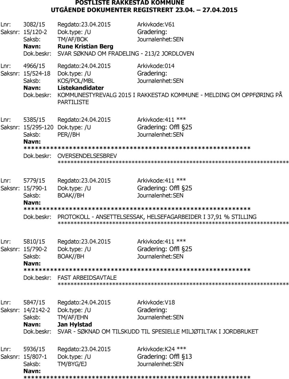 type: /U Gradering: Saksb: KOS/POL/MBL Journalenhet:SEN Listekandidater Dok.beskr: KOMMUNESTYREVALG 2015 I RAKKESTAD KOMMUNE - MELDING OM OPPFØRING PÅ PARTILISTE ************ Lnr: 5385/15 Regdato:24.