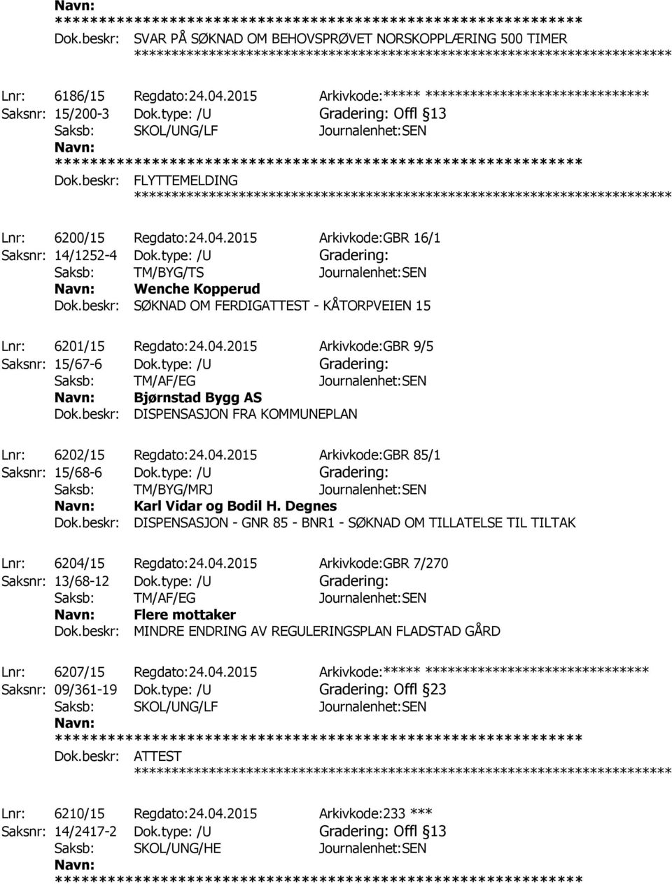 type: /U Gradering: Saksb: TM/BYG/TS Journalenhet:SEN Wenche Kopperud Dok.beskr: SØKNAD OM FERDIGATTEST - KÅTORPVEIEN 15 Lnr: 6201/15 Regdato:24.04.2015 Arkivkode:GBR 9/5 Saksnr: 15/67-6 Dok.