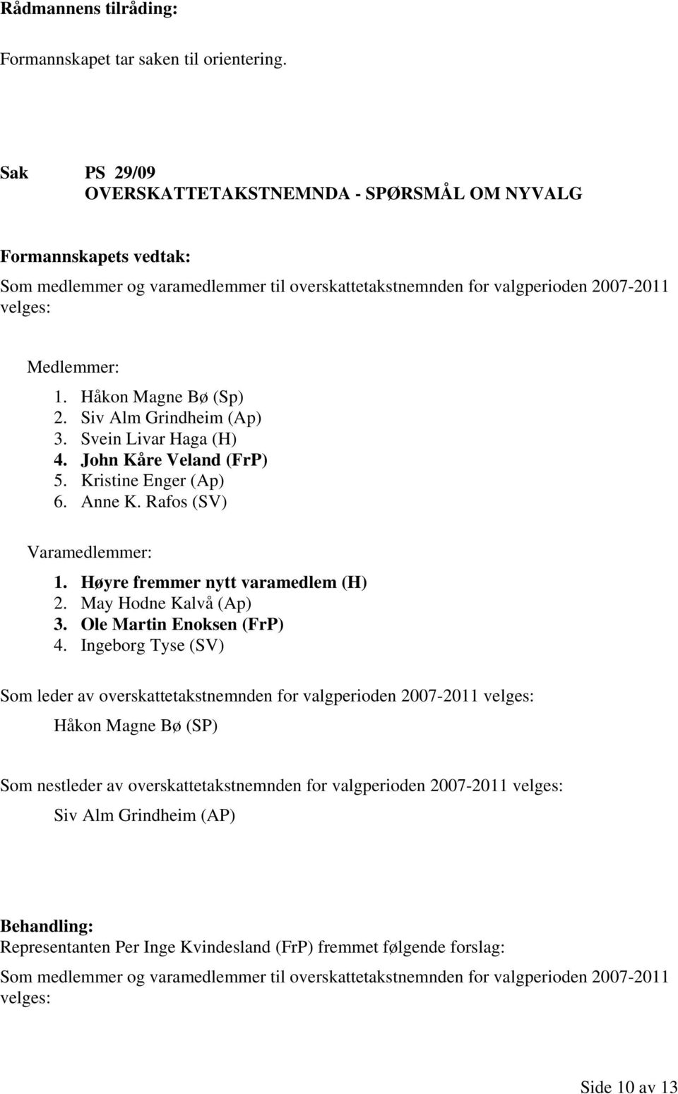 Siv Alm Grindheim (Ap) 3. Svein Livar Haga (H) 4. John Kåre Veland (FrP) 5. Kristine Enger (Ap) 6. Anne K. Rafos (SV) Varamedlemmer: 1. Høyre fremmer nytt varamedlem (H) 2. May Hodne Kalvå (Ap) 3.