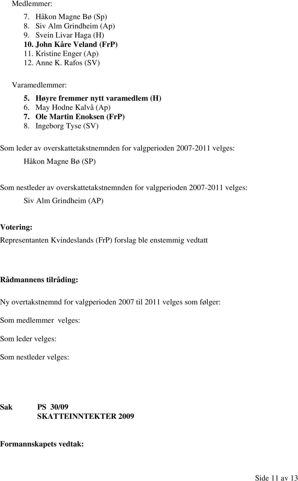 Ingeborg Tyse (SV) Som leder av overskattetakstnemnden for valgperioden 2007-2011 velges: Håkon Magne Bø (SP) Som nestleder av overskattetakstnemnden for valgperioden 2007-2011