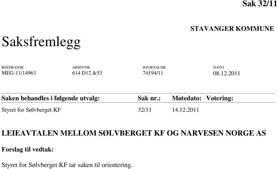 : Møtedato: Votering: Styret for Sølvberget KF 32/11 14.12.