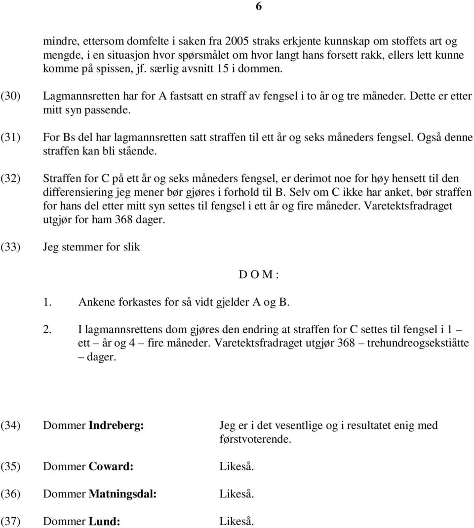 (31) For Bs del har lagmannsretten satt straffen til ett år og seks måneders fengsel. Også denne straffen kan bli stående.