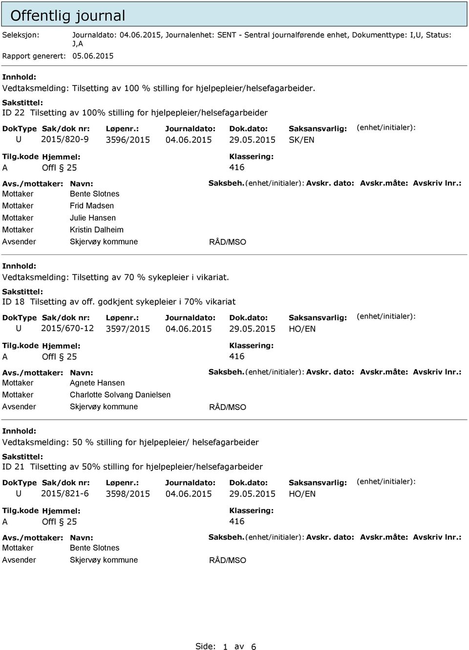 D 22 Tilsetting av 100% stilling for hjelpepleier/helsefagarbeider 2015/820-9 3596/2015 SK/EN A Offl 25 Bente Slotnes Frid Madsen Julie Hansen Kristin Dalheim RÅD/MSO Vedtaksmelding: Tilsetting av