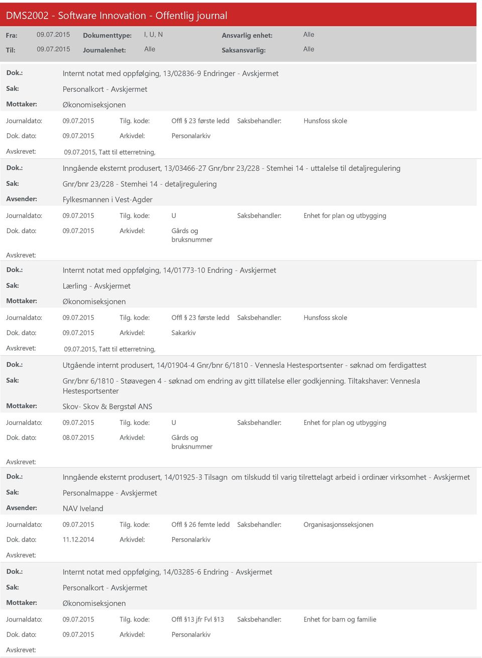 produsert, 14/01904-4 Gnr/bnr 6/1810 - Vennesla Hestesportsenter - søknad om ferdigattest Gnr/bnr 6/1810 - Støavegen 4 - søknad om endring av gitt tillatelse eller godkjenning.