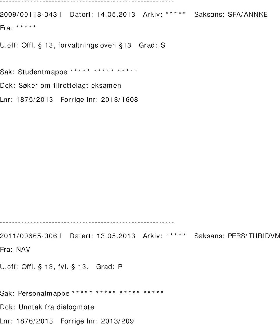 Søker om tilrettelagt eksamen Lnr: 1875/2013 Forrige lnr: 2013/1608 2011/00665-006 I Datert: