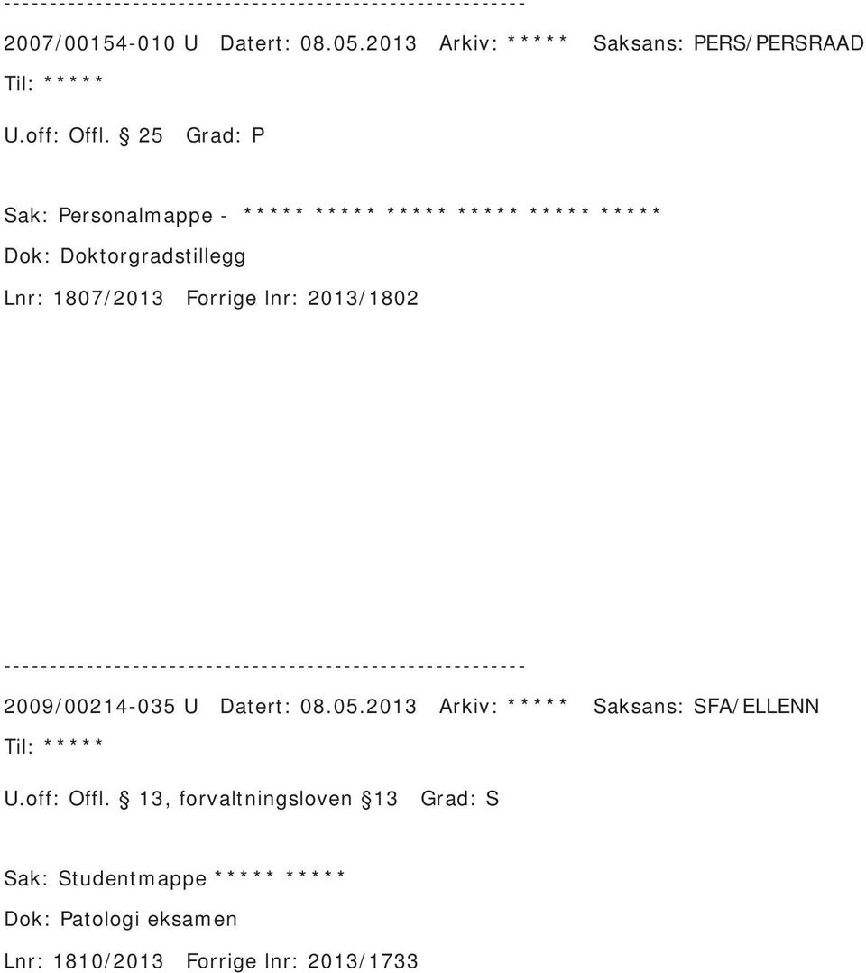 Lnr: 1807/2013 Forrige lnr: 2013/1802 2009/00214-035 U Datert: 08.05.