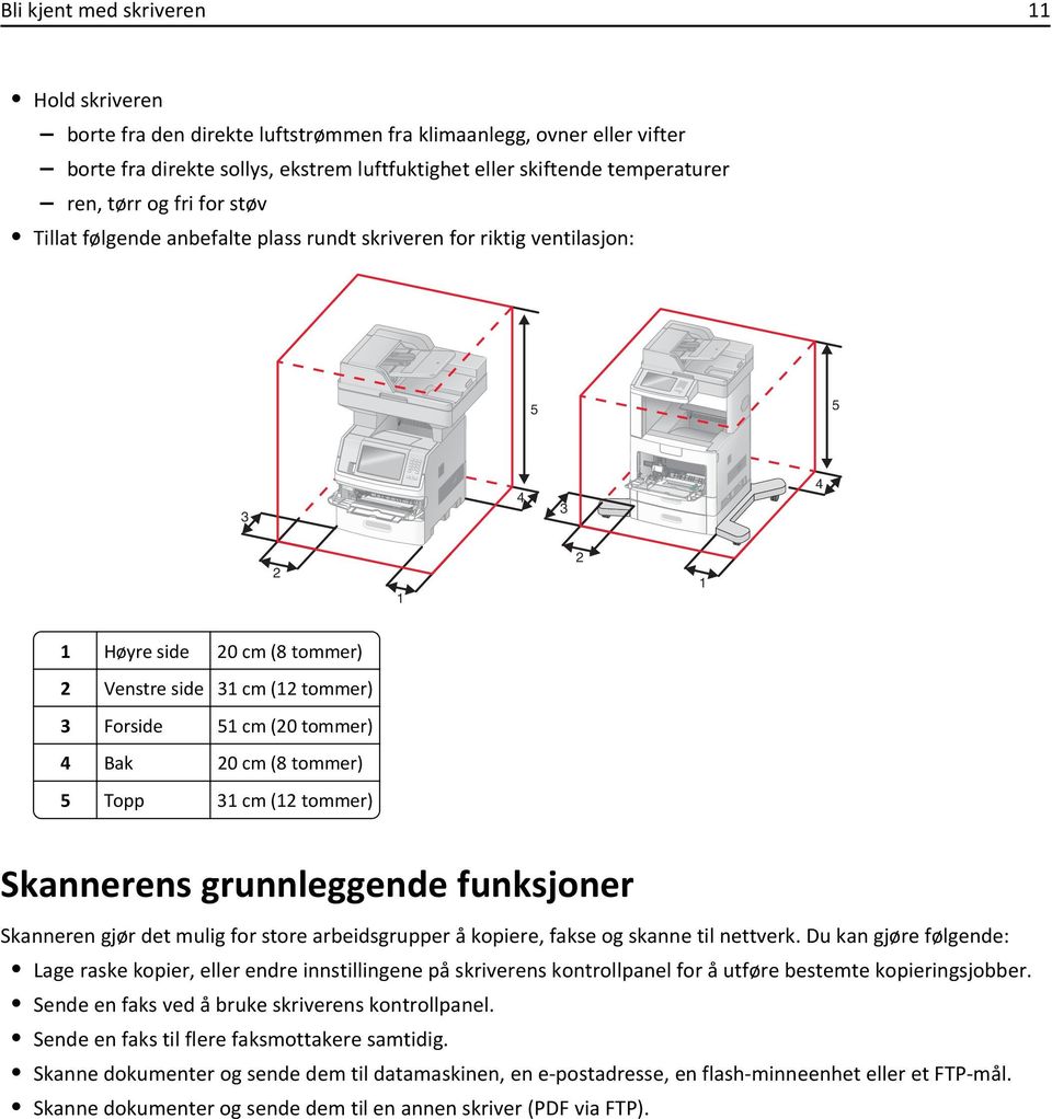 4 Bak 20 cm (8 tommer) 5 Topp 31 cm (12 tommer) Skannerens grunnleggende funksjoner Skanneren gjør det mulig for store arbeidsgrupper å kopiere, fakse og skanne til nettverk.