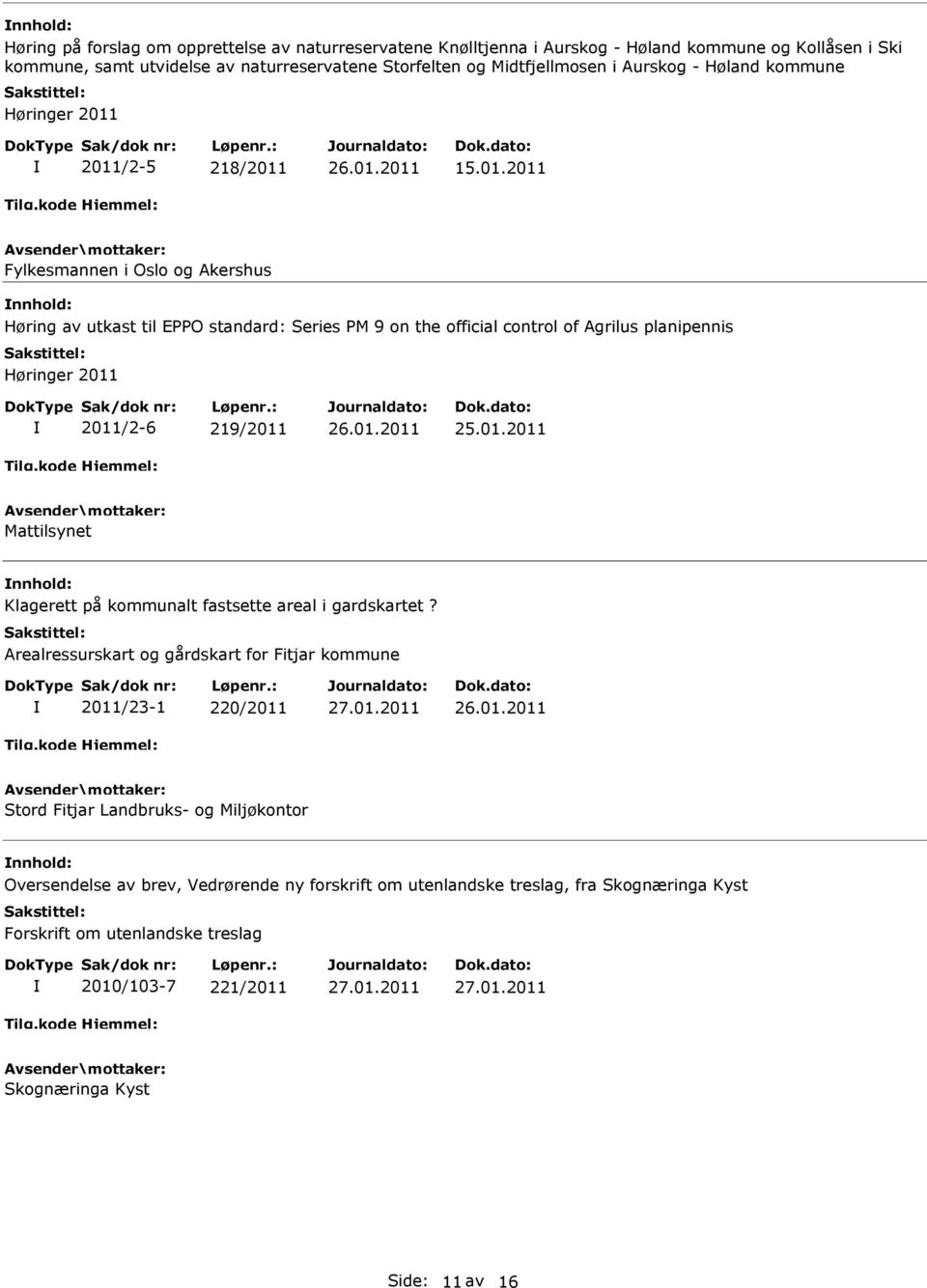 2011/2-5 218/2011 15.01.2011 Fylkesmannen i Oslo og Akershus Høring av utkast til EPPO standard: Series PM 9 on the official control of Agrilus planipennis Høringer 2011 2011/2-6 219/2011