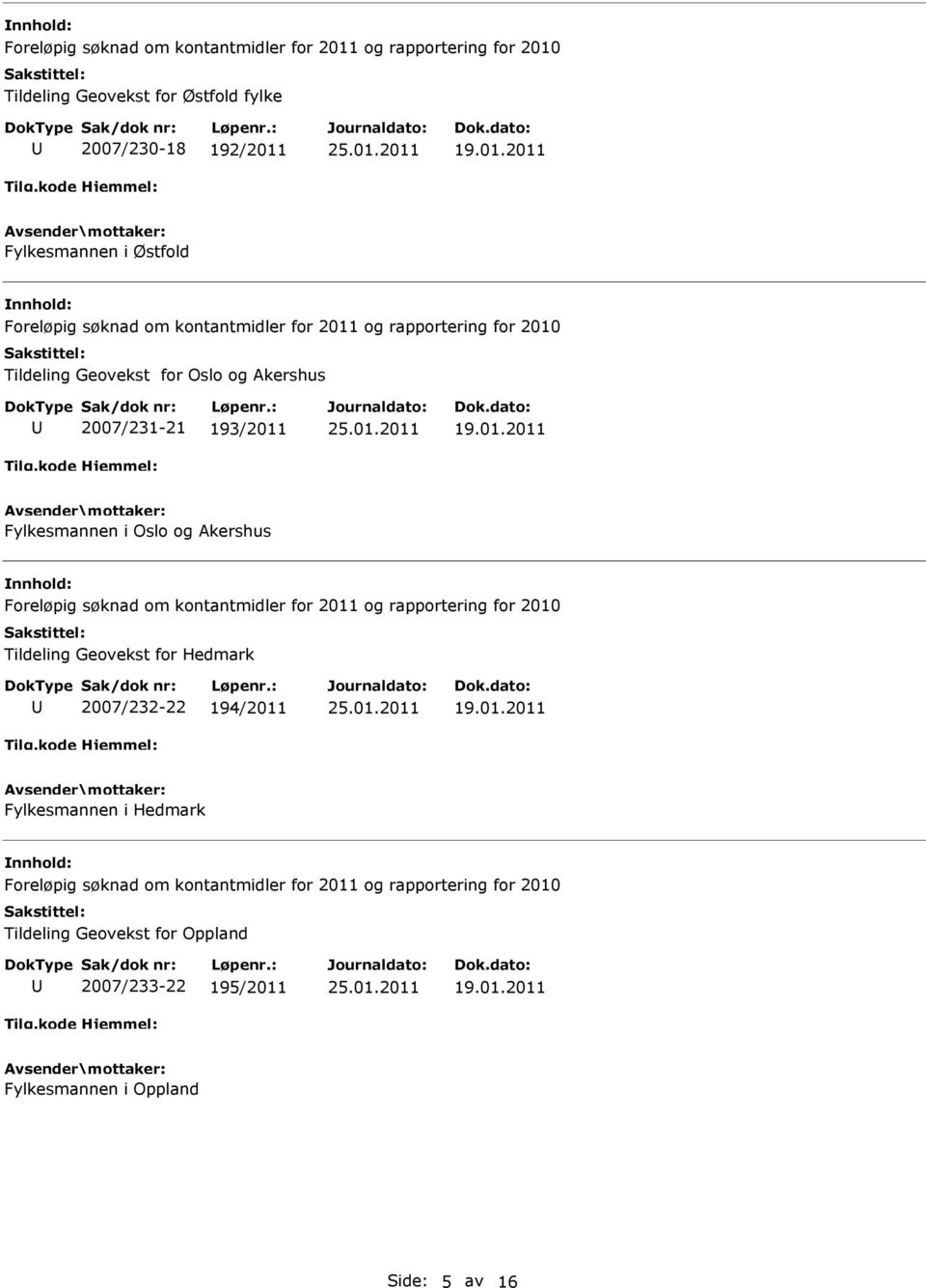 Akershus Tildeling Geovekst for Hedmark 2007/232-22 194/2011 Fylkesmannen i Hedmark