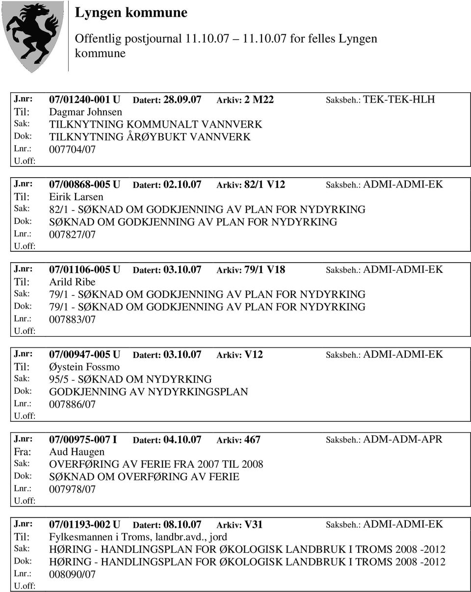 : ADMI-ADMI-EK Til: Eirik Larsen Sak: 82/1 - SØKNAD OM GODKJENNING AV PLAN FOR NYDYRKING Dok: SØKNAD OM GODKJENNING AV PLAN FOR NYDYRKING Lnr.: 007827/07 J.nr: 07/01106-005 U Datert: 03.10.07 Arkiv: 79/1 V18 Saksbeh.