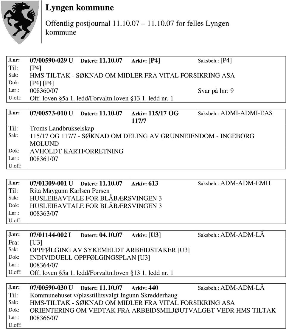 : ADMI-ADMI-EAS 117/7 Til: Troms Landbrukselskap Sak: 115/17 OG 117/7 - SØKNAD OM DELING AV GRUNNEIENDOM - INGEBORG MOLUND Dok: AVHOLDT KARTFORRETNING Lnr.: 008361/07 J.nr: 07/01309-001 U Datert: 11.